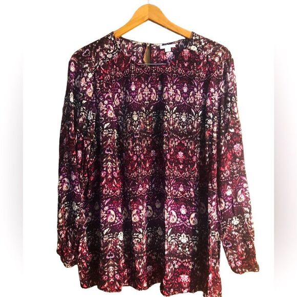J Jill Purple Abstract Print Smocked Key Hole Round Neck Long Sleeve Blouse 3X - Picture 1 of 6